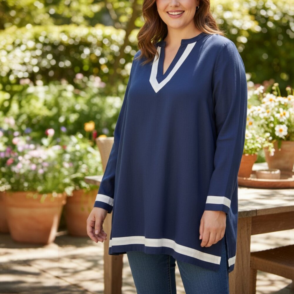 Ashley Stewart Women's 16 Navy Blue & White Trim Tunic Long Sleeve STRETCH
